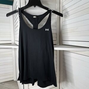 Under‎ Armour HeatGear Tank Top M Black Logo Strappy Back Loose Workout Gym EUC